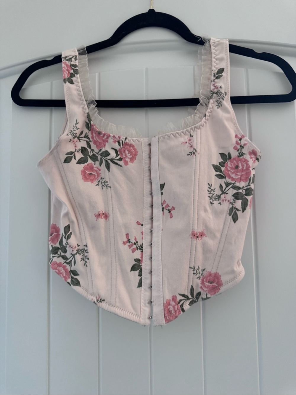 Altar'd State Cream Floral Corset Top with Ruffle Trim
